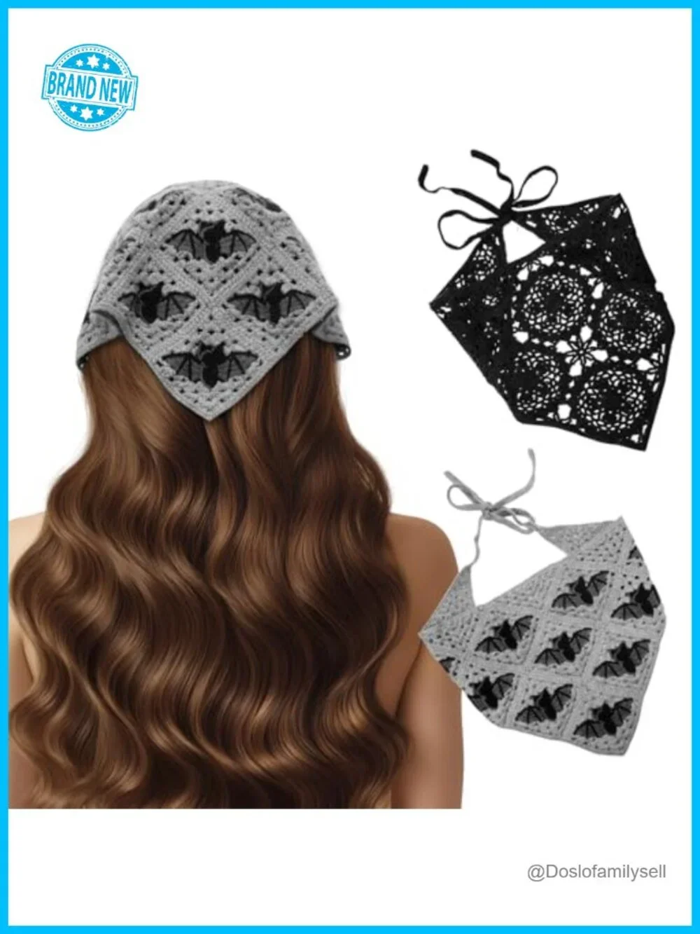 2-Pack Crochet Headbands Bat & Floral Bandana Triangle Scarf Hair Accessory